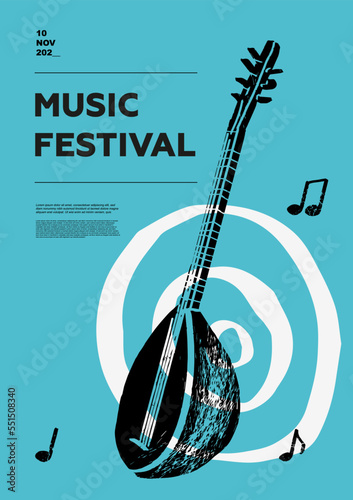 Baglama, saz, folk. Music festival poster. String musical instruments. Competition.  A set of vector illustrations. Minimalistic design. Banner, flyer, cover, print.