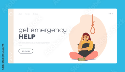 Get Emergency Help Landing Page Template. Depression, Mental Disease, Mind Health Problem Concept. Unhappy Woman