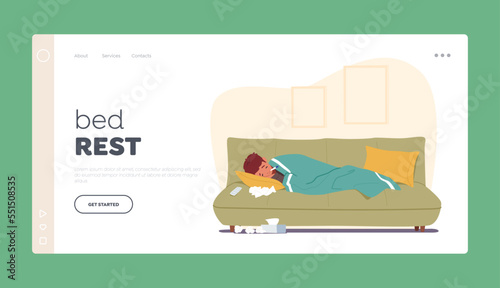 Bed Rest Landing Page Template. Sick Boy Character Sleep With Thermometer In Mouth And Scatter Handkerchiefs around