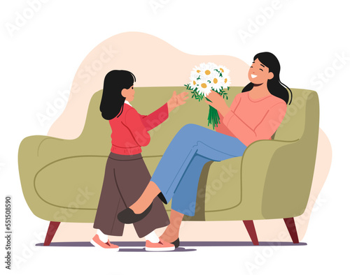 Child Girl Giving Flowers to Mother. Kid Character Presenting Beautiful Blossoms to Mom for Mothers Day or Holiday