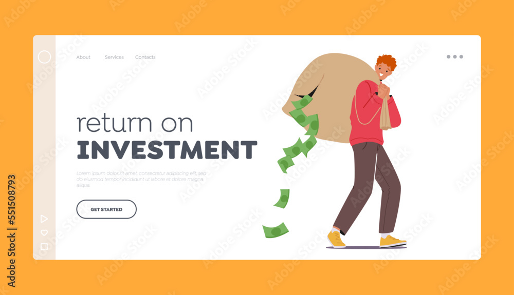 Return on Investment Landing Page Template. Rich Man Carry Torn Sack with Dollars. Male Character Richness, Businessman