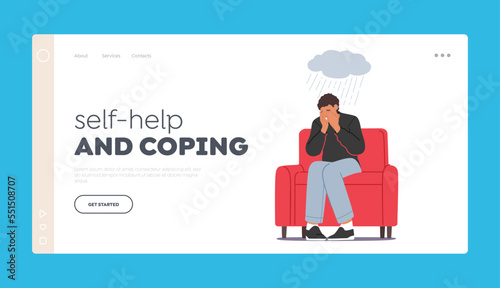 Self-help and Coping Landing Page Template. Sad and Desperate Male Character Feel Frustrated. Anxious Young Man