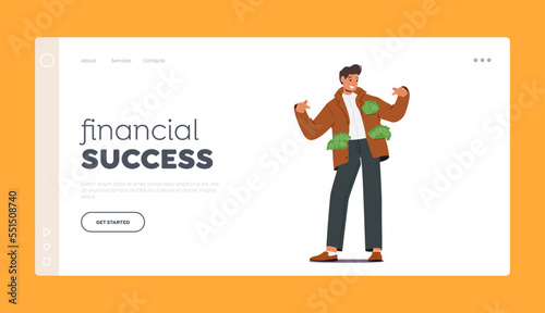 Financial Success Landing Page Template. Happy Rich Character Presenting Pockets Full of Dollar Bills. Man Celebrate Win