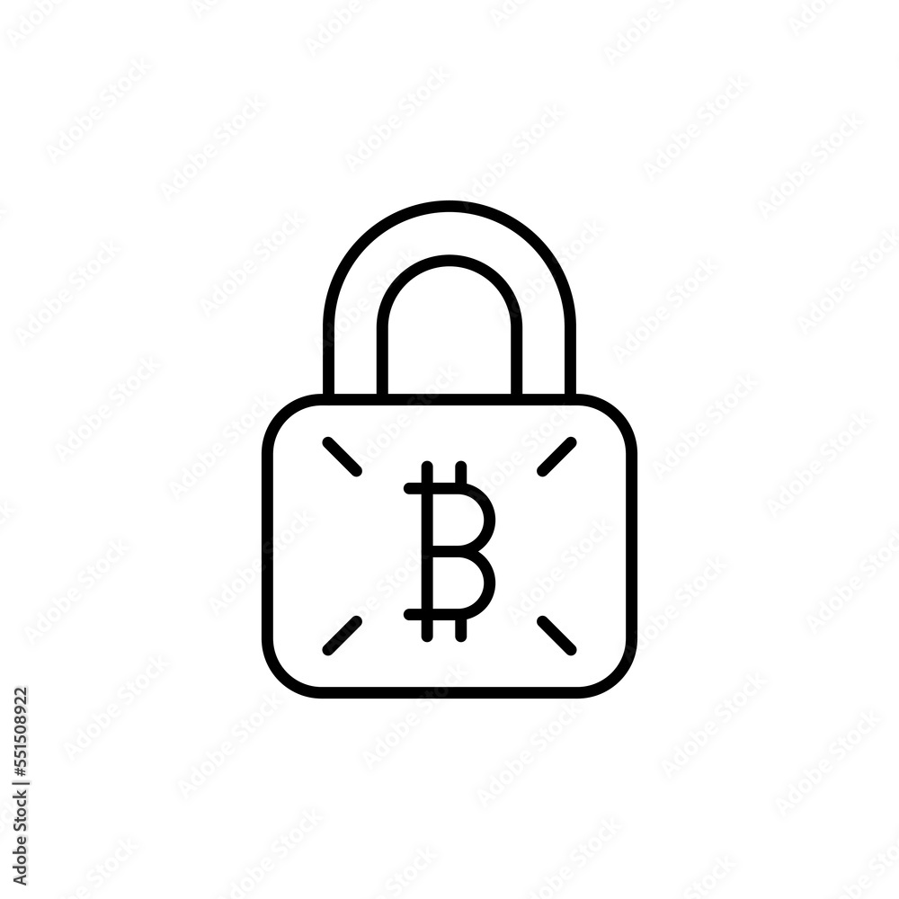 Lock with bitcoin line icon. Money, finance, trade, trading, cryptocurrency, electronic money, earnings, purchase, sale, investment. Finance concept. Vector black line icon on a white background Lock with bitcoin line icon. Money, finance, trade, trading, cryptocurrency, electronic money, earnings, purchase, sale, investment. Finance concept. Vector black line icon on a white background