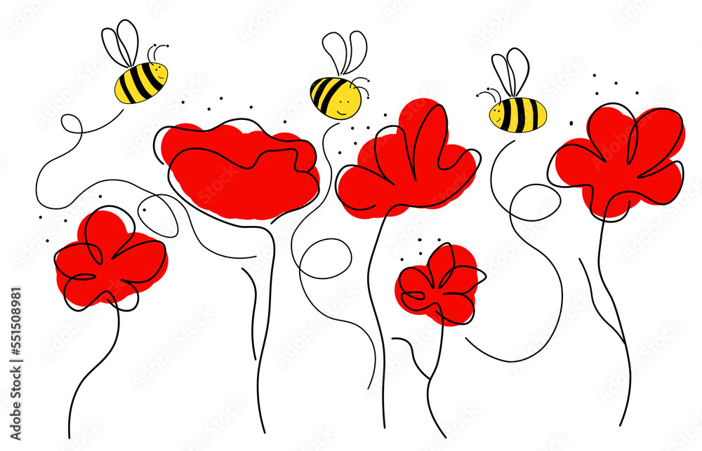 czerwone maki i pszczoły na łące png - obrazy, fototapety, plakaty 