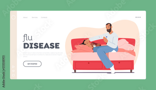 Flu Disease Landing Page Template. Sick Child Lying In Bed At Home Bedroom, Father Character Sitting Next To Daughter