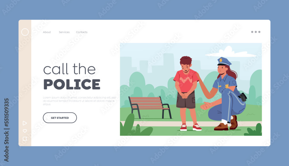 Child Get Lost in Public Place Landing Page Template. Scared Baby Crying in City Park. Police Officer Help to Kid