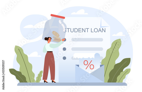 Education loan. Student characters paying debt for education.