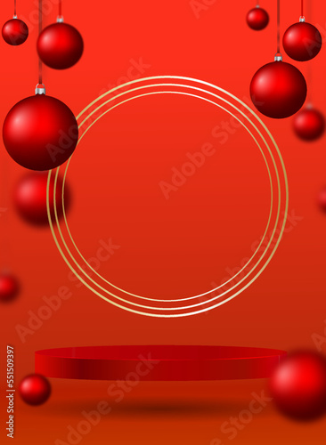 Beautiful Christmas card with red balls, a gold frame3d rendering of empty red abstract minimal background with podium. Scene for advertising, cosmetic advertising, showcase, presentation, site photo