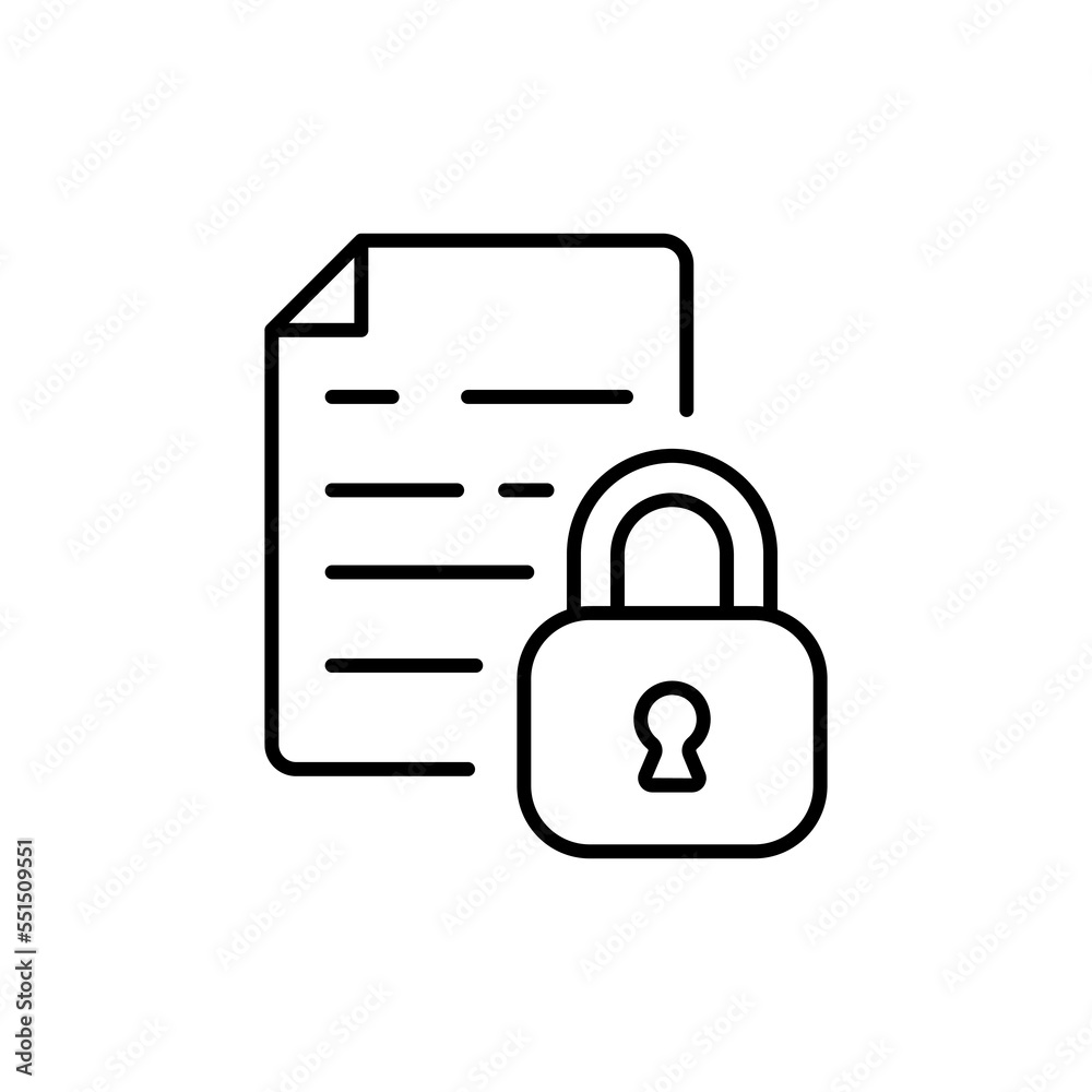 Document with lock line icon. Documents, declarations, contracts, lock, security, access, password, closed, inaccessible. Privacy concept. Vector black line icon on a white background Document with lock line icon. Documents, declarations, contracts, lock, security, access, password, closed, inaccessible. Privacy concept. Vector black line icon on a white background