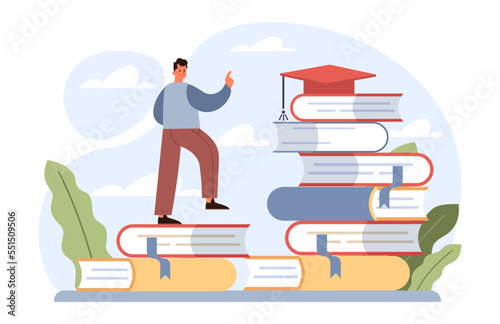 Education loan. Student characters paying debt for education.