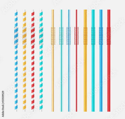 Straw drinking tube tool set. Plastic straw in different color for drink beverage from cup or bottle