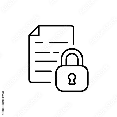 Document with lock line icon. Documents, declarations, contracts, lock, security, access, password, closed, inaccessible. Privacy concept. Vector black line icon on a white background