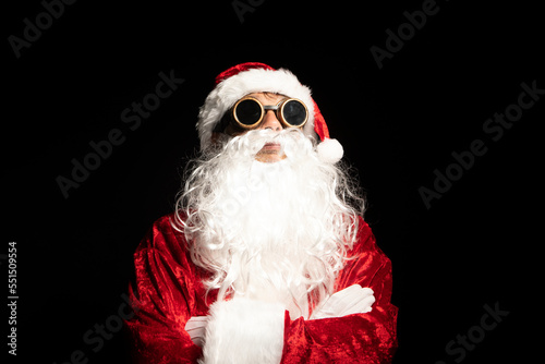cyberpunk santa claus model with glasses and black background