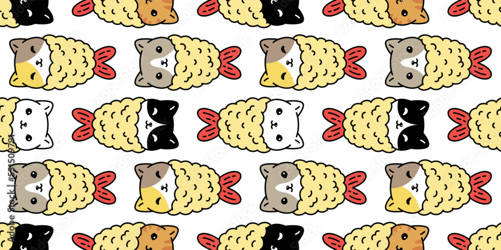 cat seamless pattern tempura kitten vector calico japan food shrimp