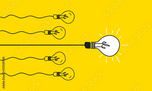 Bulb light on and others off behind. Concept of leadership and education. Creating good ideas. Vector illustration