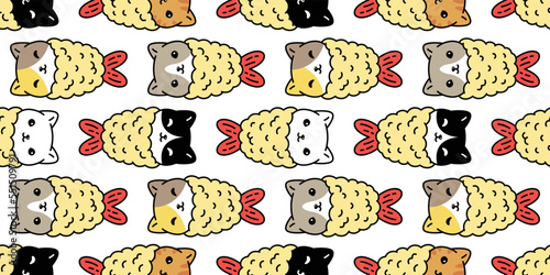 cat seamless pattern tempura kitten vector calico japan food shrimp breed neko cartoon character pet tile background gift wrapping paper repeat wallpaper scarf isolated illustration doodle design