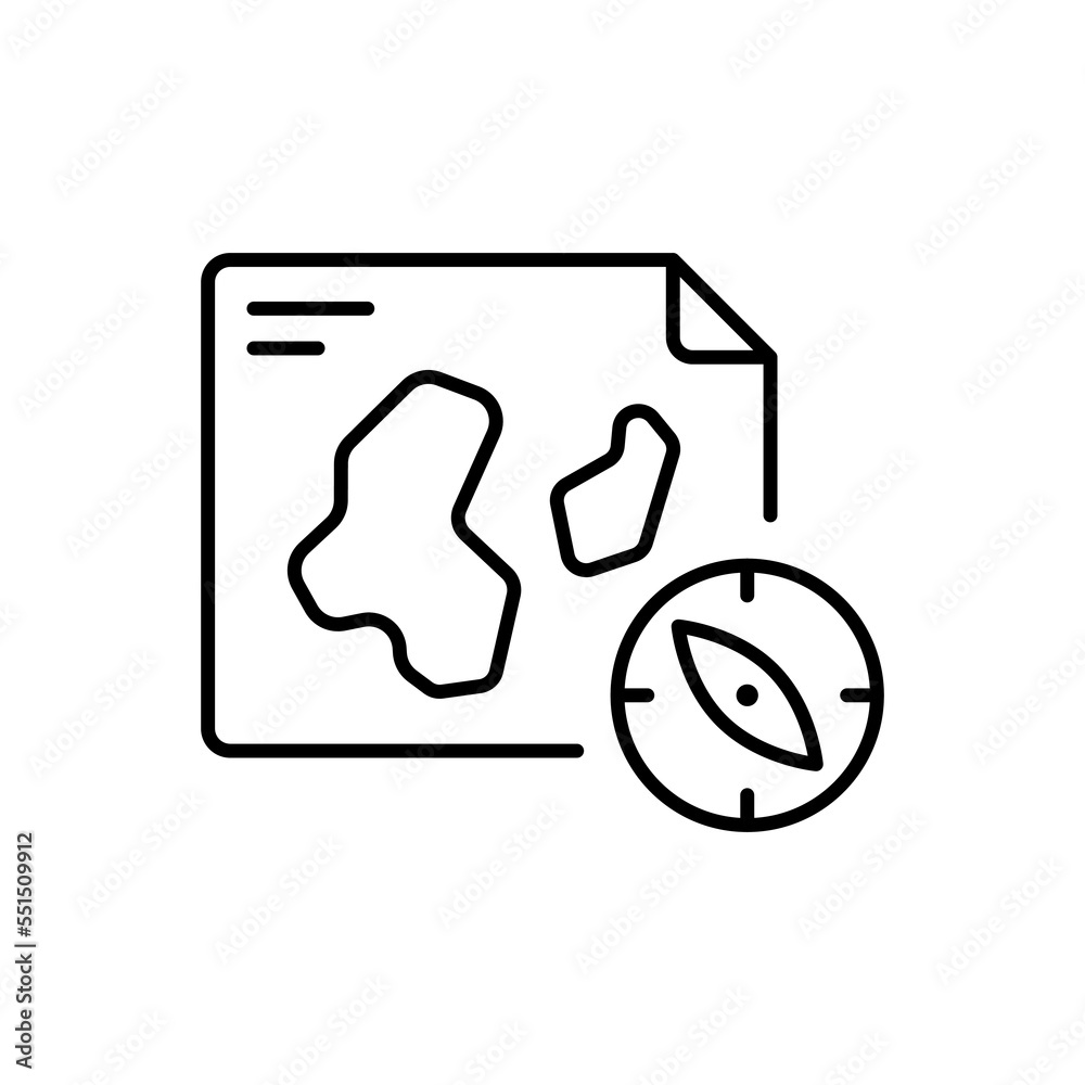 Map with compass line icon. Competition, map, geography, mark, place, path, performance. Competition concept. Vector black line icon on a white background Vector black line icon on a white background