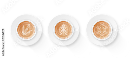 Latte art set. Realistic coffee cappuccino foam drawings in cup, top view. Barista artwork in cafe