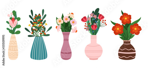 Set of Flower Bouquets Beautiful Blossoms Isolated on White Background. Vases with Fresh Colorful Floral Compositions