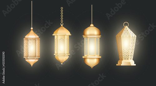 Realistic set of beautiful muslim ornamental lamps hang on chainlets. Gold, bronze oriental lanterns