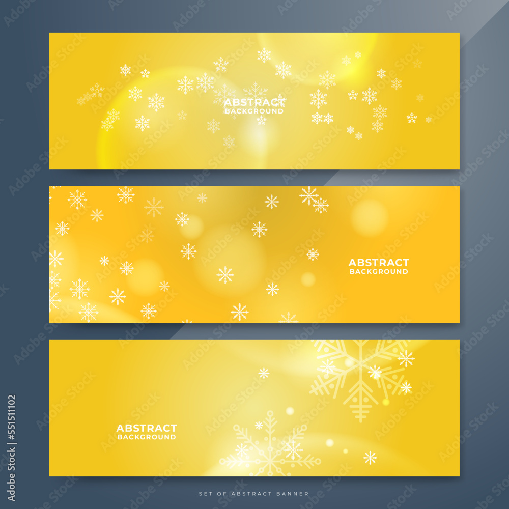 Yellow white christmas wide banner with snowflake bokeh decoration. Winter banner with snowflake. Horizontal new year background, headers, posters, cards, website. Vector illustration Yellow white christmas wide banner with snowflake bokeh decoration. Winter banner with snowflake. Horizontal new year background, headers, posters, cards, website. Vector illustration