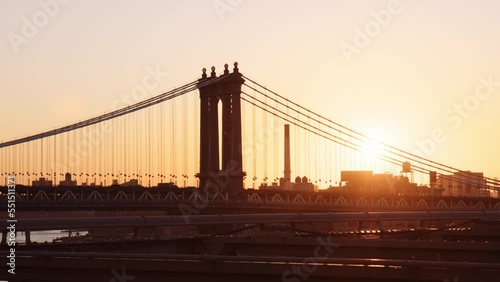Brooklyn Bridge At Sunset Spanning The East River In New York City, USA. - wide photo