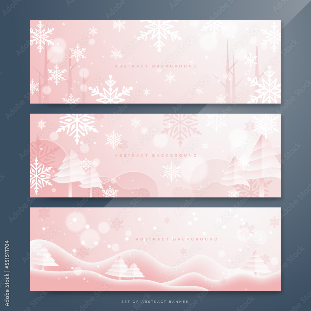 Pink and white christmas wide banner with snowflake bokeh decoration. Winter banner with snowflake. Horizontal new year background, headers, posters, cards, website. Vector illustration