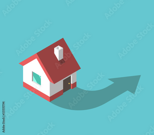 Isometric cottage with arrow. Moving house, emigration, loss of home, homeless, refugees, relocation, sale and outdoors concept. Flat design. EPS 8 vector illustration, no transparency, no gradients