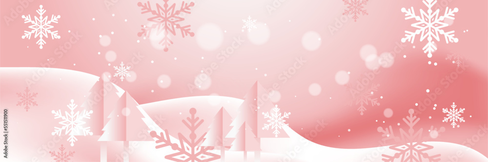 Pink and white christmas wide banner with snowflake bokeh decoration. Winter banner with snowflake. Horizontal new year background, headers, posters, cards, website. Vector illustration Pink and white christmas wide banner with snowflake bokeh decoration. Winter banner with snowflake. Horizontal new year background, headers, posters, cards, website. Vector illustration