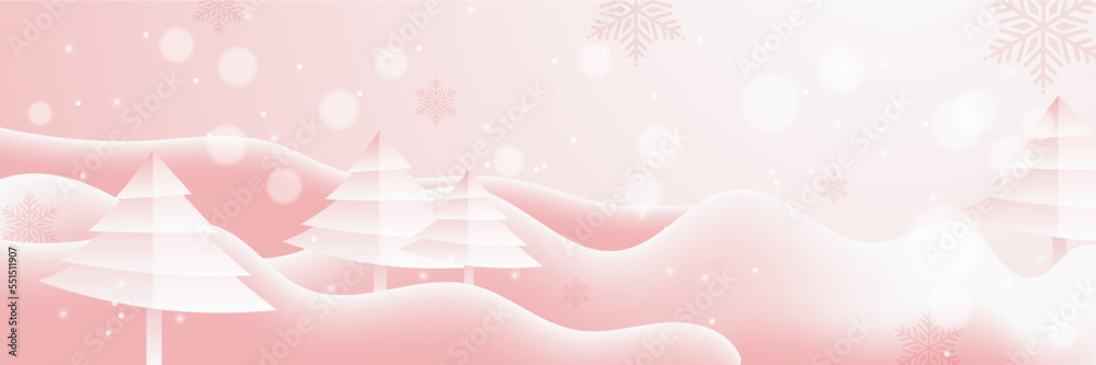 Pink and white christmas wide banner with snowflake bokeh decoration. Winter banner with snowflake. Horizontal new year background, headers, posters, cards, website. Vector illustration Pink and white christmas wide banner with snowflake bokeh decoration. Winter banner with snowflake. Horizontal new year background, headers, posters, cards, website. Vector illustration