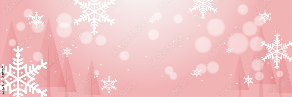 Pink and white christmas wide banner with snowflake bokeh decoration. Winter banner with snowflake. Horizontal new year background, headers, posters, cards, website. Vector illustration Pink and white christmas wide banner with snowflake bokeh decoration. Winter banner with snowflake. Horizontal new year background, headers, posters, cards, website. Vector illustration