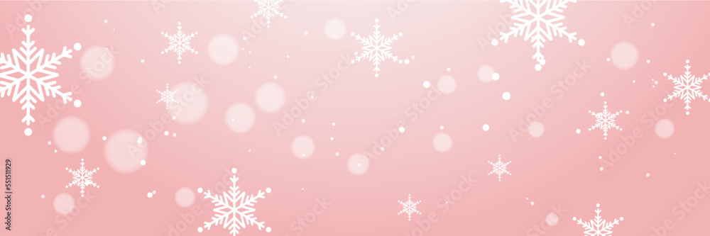 Pink and white christmas wide banner with snowflake bokeh decoration. Winter banner with snowflake. Horizontal new year background, headers, posters, cards, website. Vector illustration Pink and white christmas wide banner with snowflake bokeh decoration. Winter banner with snowflake. Horizontal new year background, headers, posters, cards, website. Vector illustration