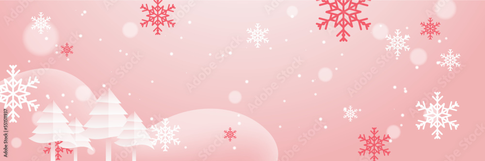 Pink and white christmas wide banner with snowflake bokeh decoration. Winter banner with snowflake. Horizontal new year background, headers, posters, cards, website. Vector illustration Pink and white christmas wide banner with snowflake bokeh decoration. Winter banner with snowflake. Horizontal new year background, headers, posters, cards, website. Vector illustration