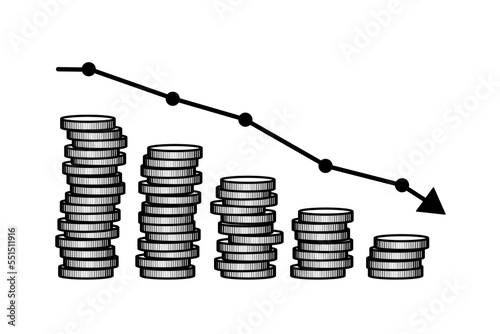 Financial failure, bearish stock market, business loss and investment lost. Descending Coin pile as part of financial chart