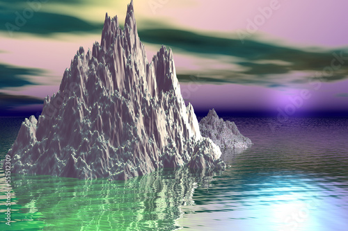 abstract scene fantastic rocks in the water heavy sky 3d rendering