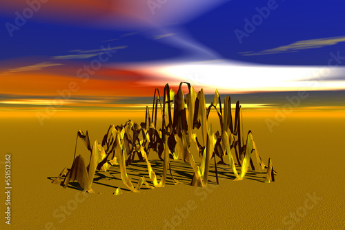 abstract scene indefinite shape golden texture blue sky 3d rendering