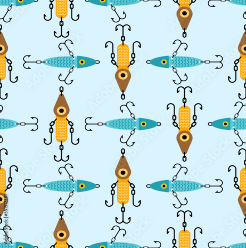 Spinner fishing tackle pattern seamless. Accessory for fishing background