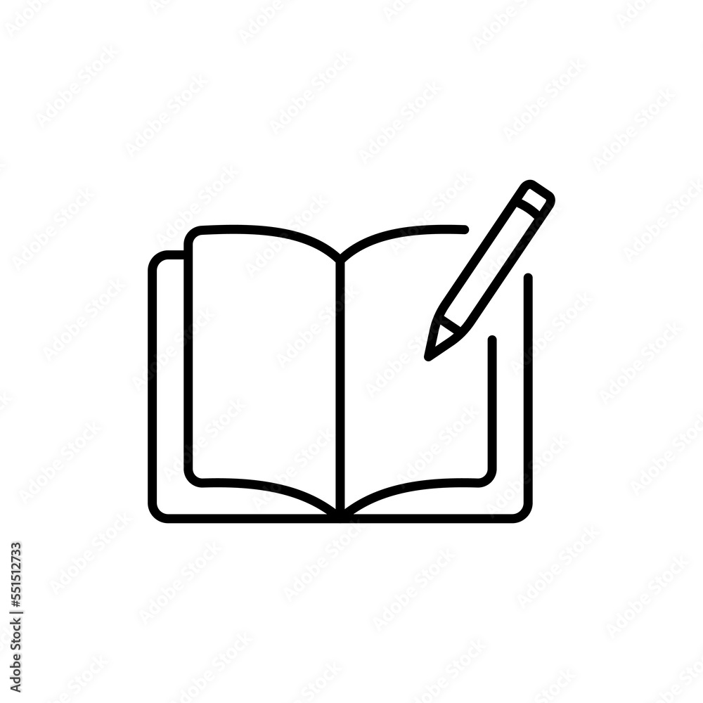 Notebook line icon. Pen, sketch, pencil, book, study, student, draft, manuscript, college, ideas, business, diary. Knowledge concept. Vector black line icon on a white background Notebook line icon. Pen, sketch, pencil, book, study, student, draft, manuscript, college, ideas, business, diary. Knowledge concept. Vector black line icon on a white background