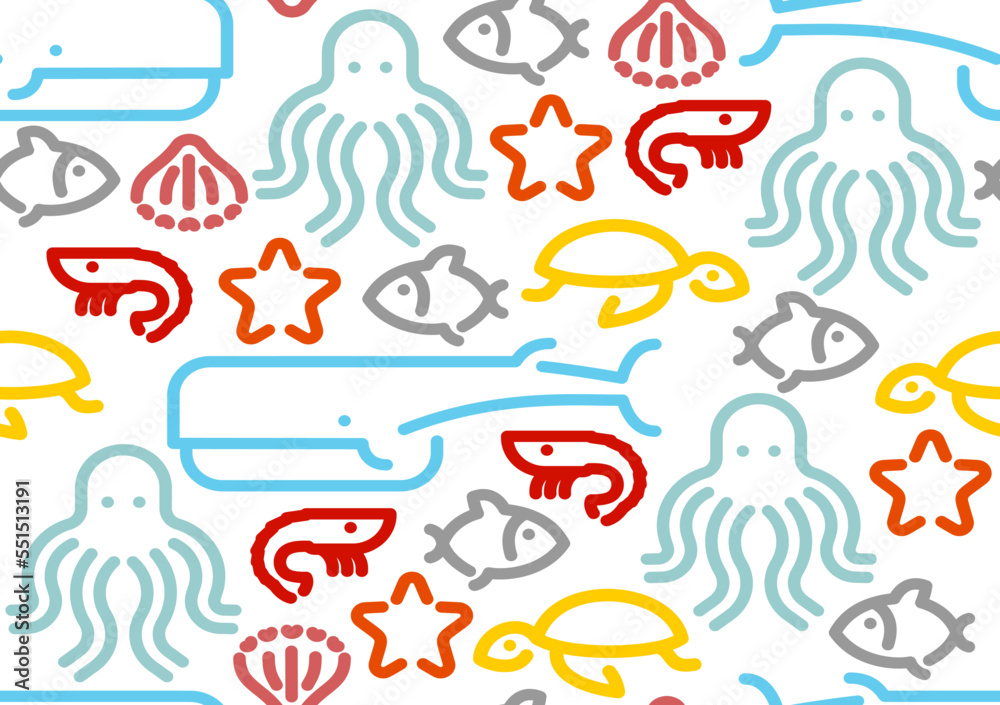 Marine animals set linear pattern seamless. background Octopus and turtle, fish and shrimp. Whale and starfish. Sea animal Ornament of kids fabric