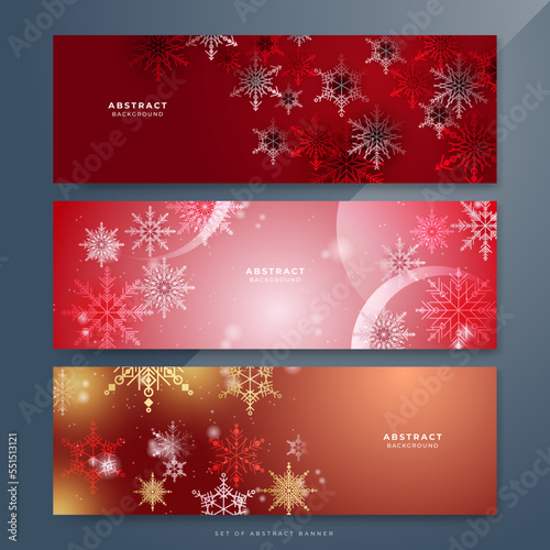 Red and white christmas wide banner with snowflake bokeh decoration. Winter banner with snowflake. Horizontal new year background  headers  posters  cards  website. Vector illustration