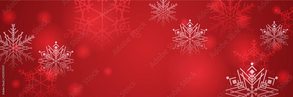 Red and white christmas wide banner with snowflake bokeh decoration. Winter banner with snowflake. Horizontal new year background, headers, posters, cards, website. Vector illustration Red and white christmas wide banner with snowflake bokeh decoration. Winter banner with snowflake. Horizontal new year background, headers, posters, cards, website. Vector illustration