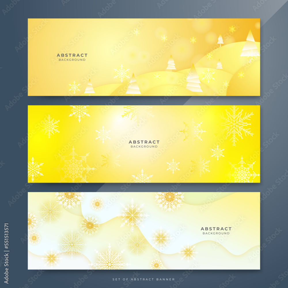 Orange yellow and white christmas wide banner with snowflake bokeh decoration. Winter banner with snowflake. Horizontal new year warm background, headers, posters, cards, website. Vector illustration
