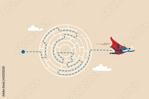 Expertise skill to solve business problem, leadership or creativity to overcome difficulty or obstacle and success, challenge or decision to win concept, businessman superhero fly solving maze puzzle.