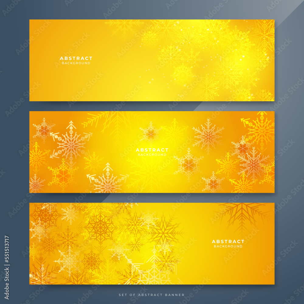 Orange yellow and white christmas wide banner with snowflake bokeh decoration. Winter banner with snowflake. Horizontal new year warm background, headers, posters, cards, website. Vector illustration