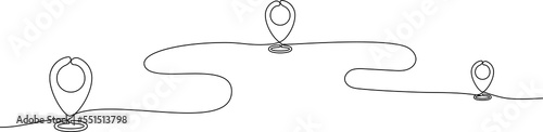 Continuous one line drawing of path with map location pointers. Single line route or way with map pin or navigation pointer that mark geolocation.