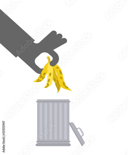 Throw banana peel in trash. Hand throws banana into trash can.