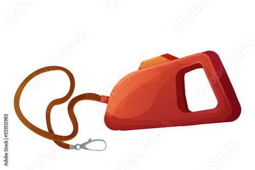 Dog leash with leather and carabiner, pet accessory, equipment for walk in cartoon style isolated on white background.
