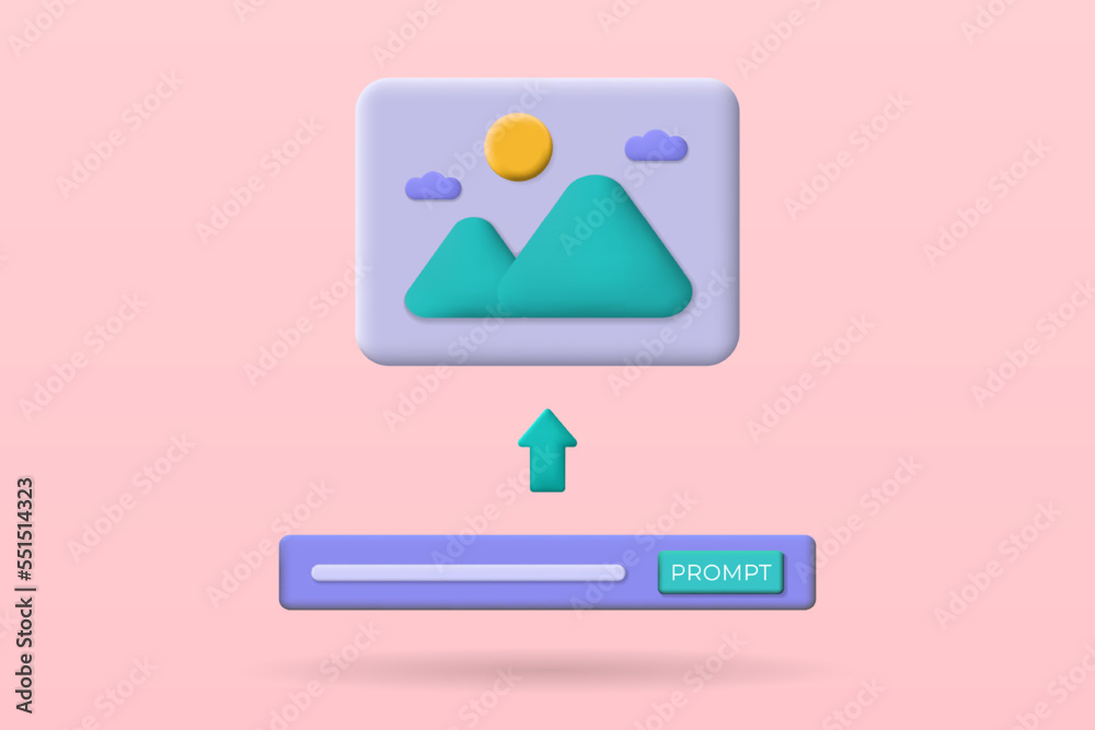 Process of creating images from artificial intelligence concept. AI system that creates images from user prompts. Vector 3d illustration Process of creating images from artificial intelligence concept. AI system that creates images from user prompts. Vector 3d illustration