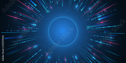 Modern high-tech background for presentations and websites. Abstract background with glowing dynamic lines. Futuristic red-blue stripes with arrows.